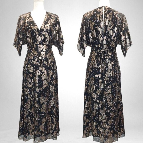 ba&sh Metallic Short Sleeve Silk Print Midi Dress - Picture 5 of 13